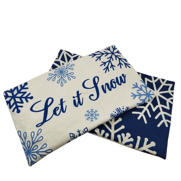 Winter Throw Pillow Covers "Let It Snow" Blue & White Handmade Zipper 20"X12" - Picture 3 of 7
